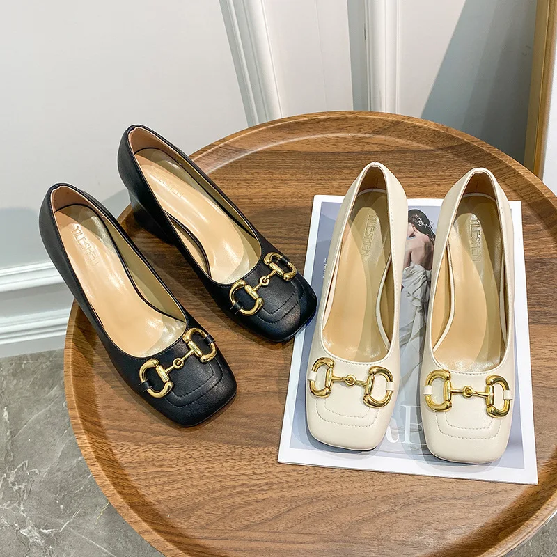 

Классические женские туфли на высоком толстом каблуке с пряжкой, роскошные брендовые французские модные женские универсальные туфли