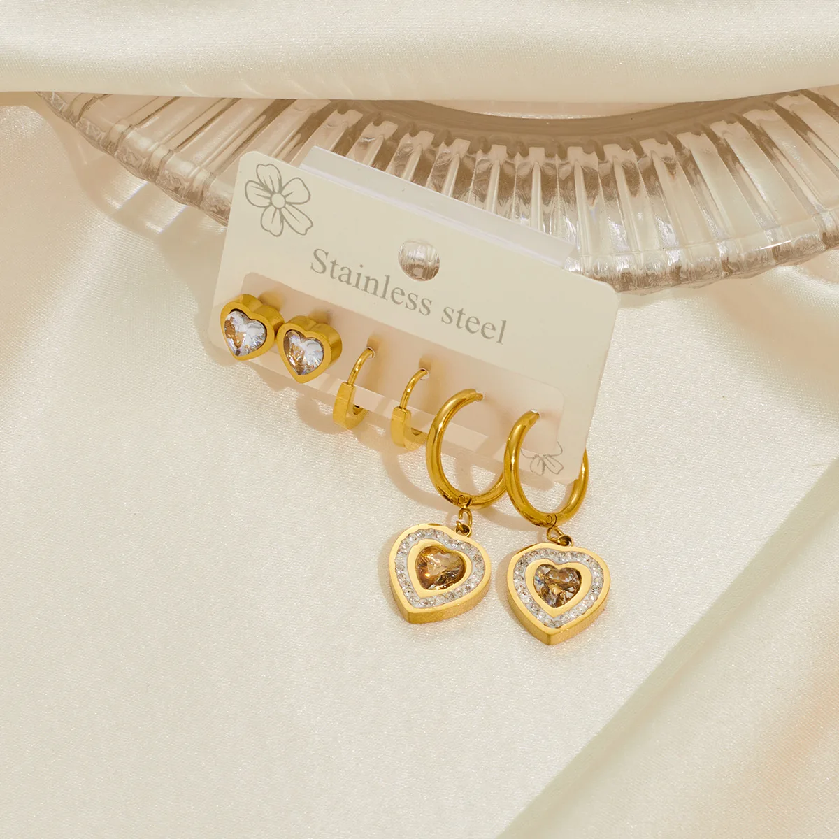 Trendy Stainless Steel Heart Rhinestone Hoop Earrings Jewelry 3Pcs/Set CZ Crystal Party Earrings For Women 1