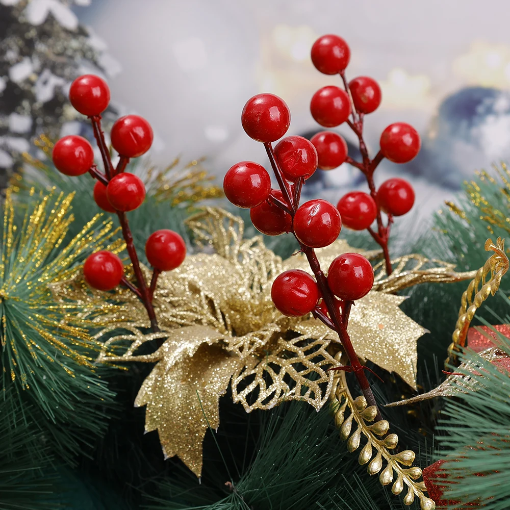 Artificial Holly Berry Branches, Falso Vermelho, Bagas De Ouro Flor Bouquet, DIY Xmas Tree Decors, Decorações de Festa de Ano Novo, 7 Cabeças, 1Pc, 20 Pcs