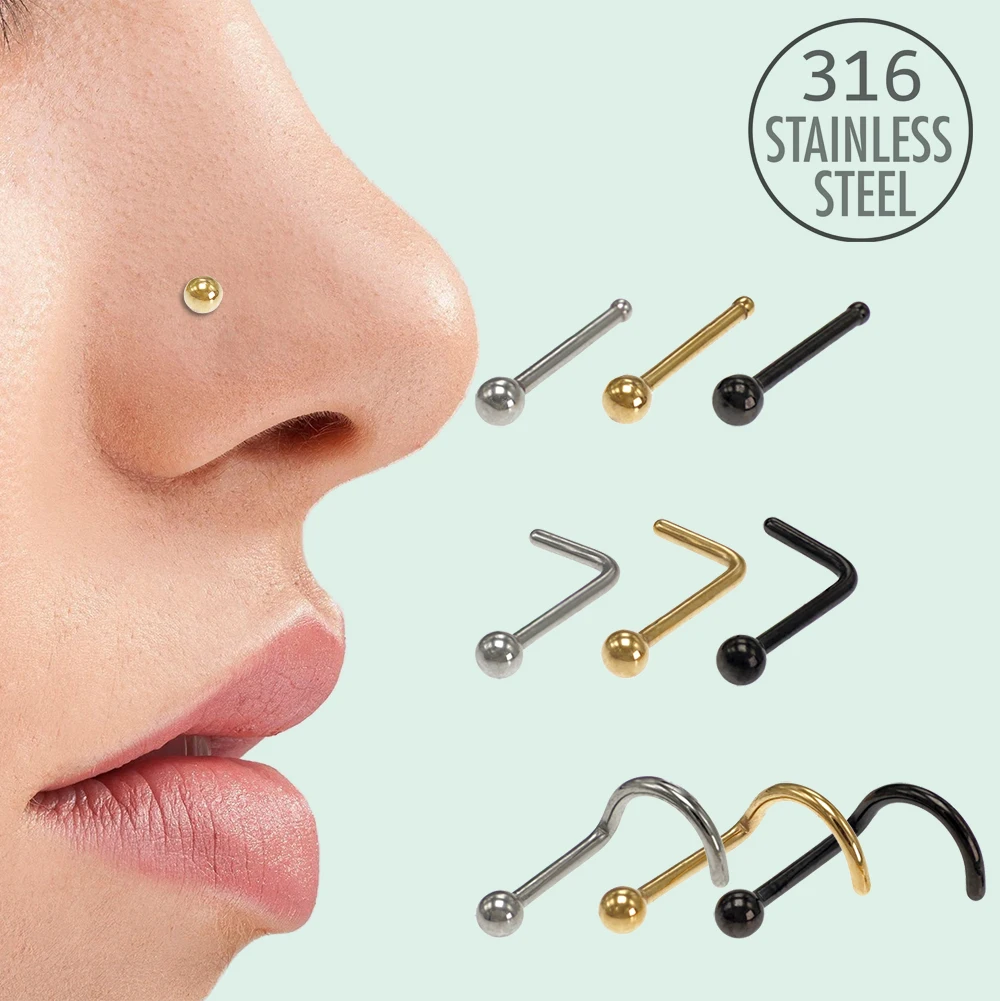 

10Pcs Nose Rings Set for Women Screw Bend Bone Nostril Stud Piercings Jewelry 316 Surgical Stainless Steel 0.8mm 1.0mm 18g 20g