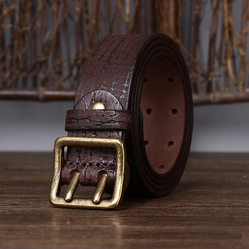 

Genuine Leather Belt Double Needle Pure Copper Buckle Retro Fashion Casual Trendy Jeans Belt 3.8CM New Men Top Layer Cowhide