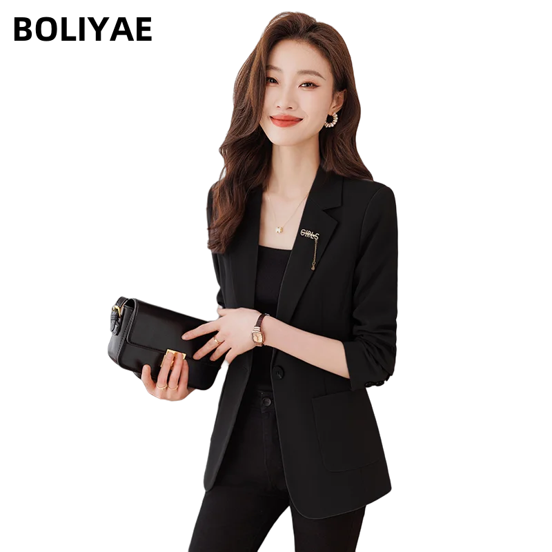 

Boliyae Casual Fashion Black Slim Single Button Blazers Women Long Sleeve Jacket Coat Female Office Outerwear Elegant Chic Top