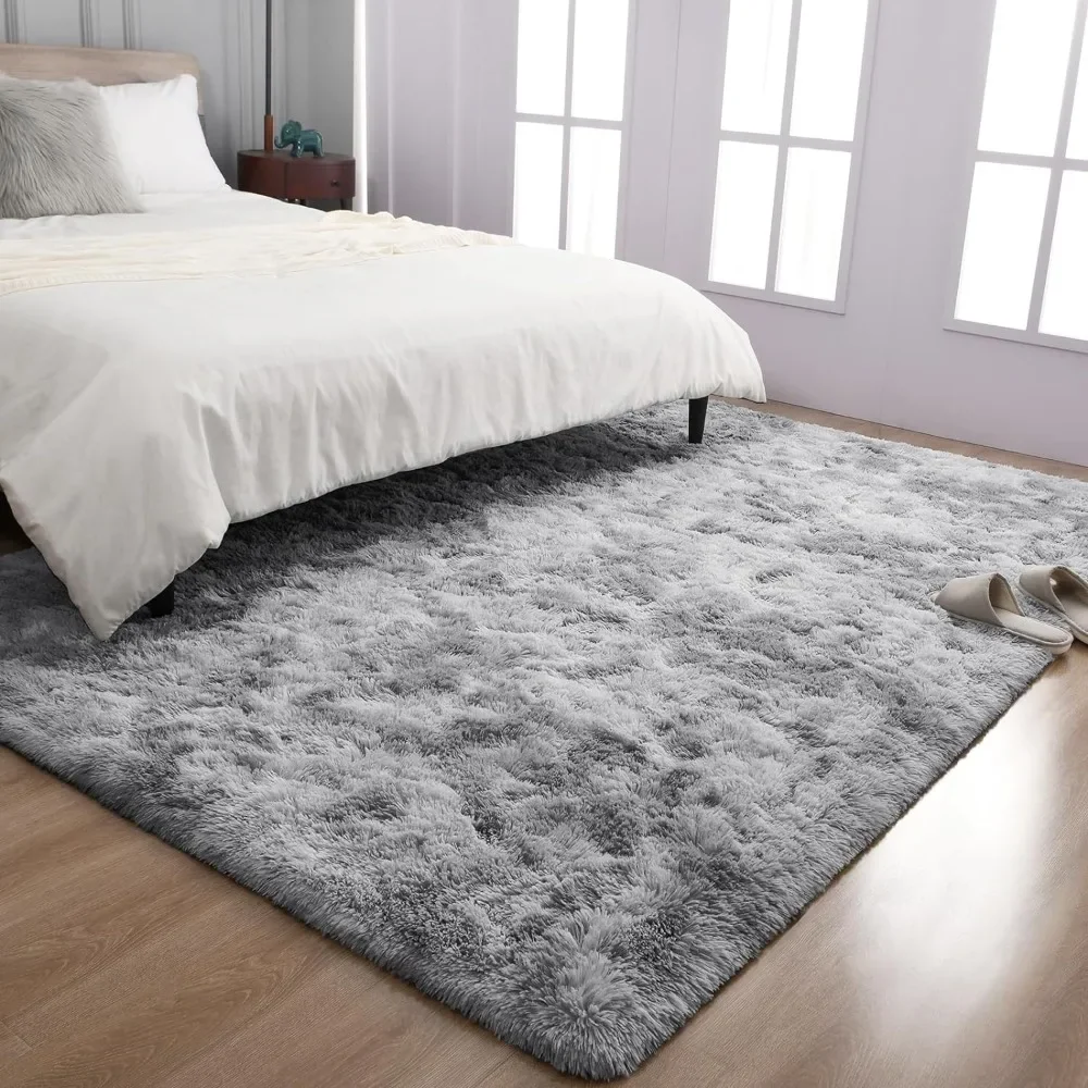

Large fluffy rug for living room bedroom, tie-dye light grey interior super soft plush plush rug, upgraded non-slip modern rug