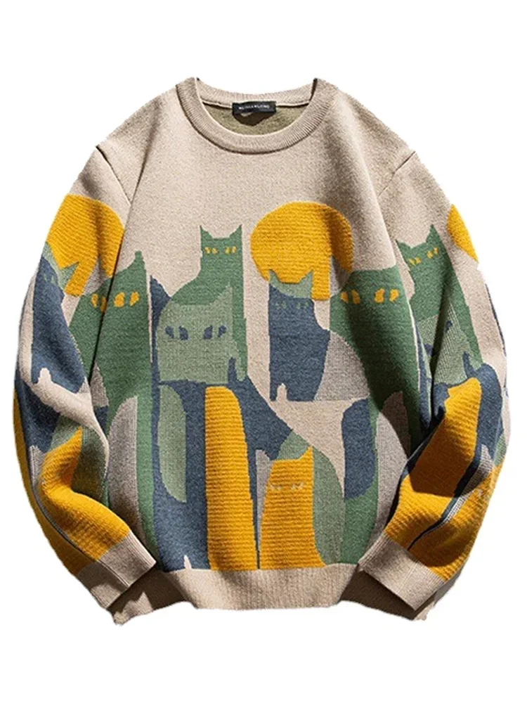 

2023 Autumn Harajuku Knitted Sweater Women Winter Cartoon Full Cat Print Pullover Vintage Causal Loose Sweaters Streetwear