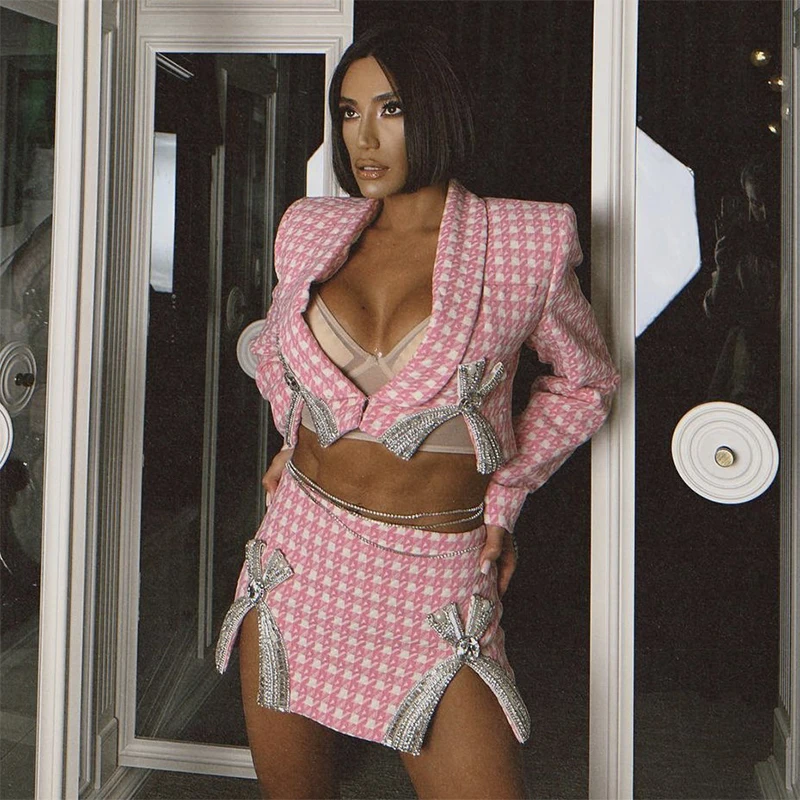 

Женский Блестящий клетчатый мини-комбинация с V-образным вырезом и длинным рукавом