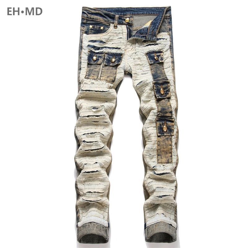 Autumn Multi Pocket Spliced Jeans Men's Embroidery Scratched High Elastic Leg Pants Worn 3D Wool Zipper Slim Fit Gradient Street