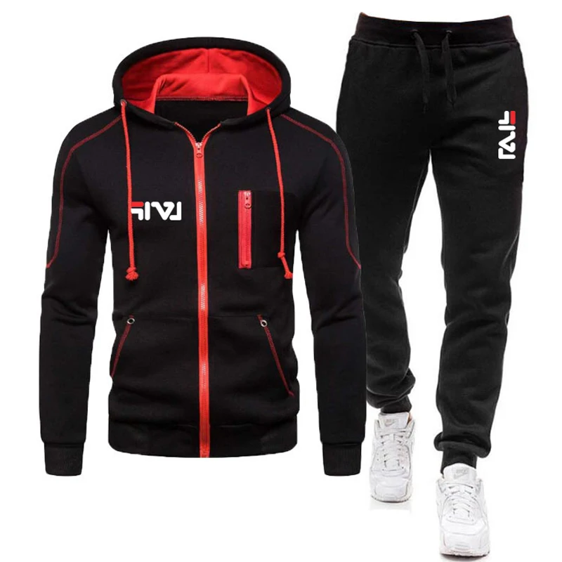 Autumn and winter men's hooded zipper set with plush fashionable and warm cardigan sportswear street leisure sports 2-piece set