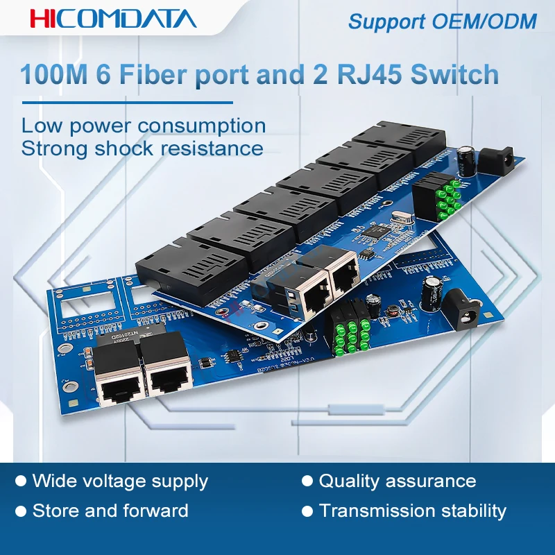 100M 6 Fiber 2 RJ45 SC 10M/100M  Fibre Media Ethernet Switch Converter Fast Switch Ethernet Optical SM 40KM Port Pcba