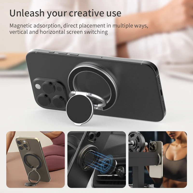 Universal Double-Sided Magnetic Car Stand & Finger Ring Holder with Hand Strap