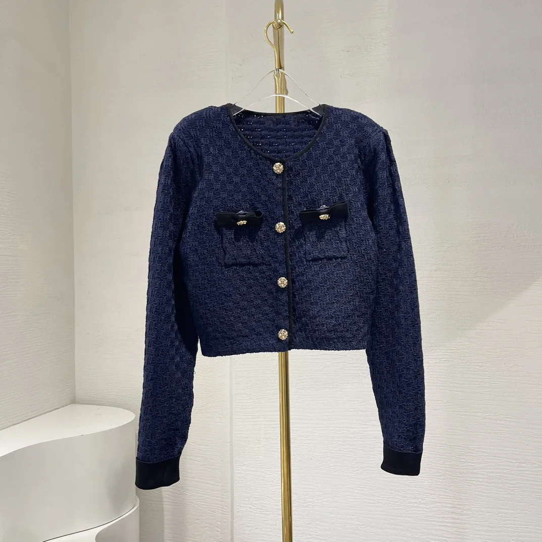 

Navy Blue Long Sleeve Cardigan Tops Front Buttons Closure O-Neck Woman Clothes New High Quality