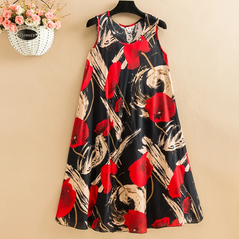 

2023 Women Summer Beach Dress Elegant O-Neck All-Match Sleeveless Dress Women Casual Loose A-LINE Mid-Calf Print Dresses