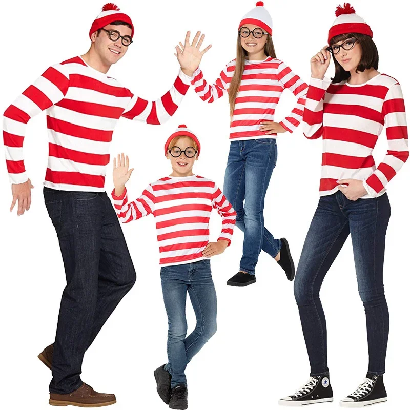 

S-XXL Parent-Child Outfit Stripe Shirt Hat Glasses Kit Cartoon Where is Wally Waldo Costume Waldo Book Week Cosplay Halloween