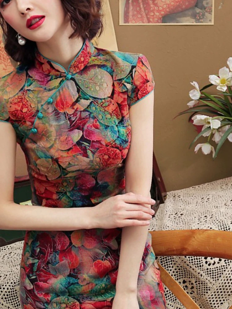 2023 New Summer Elegant Floral Print Plus-size Low Slit Short Cheongsam Qipao Dress Women Bride Party Chinese Traditional Dress
