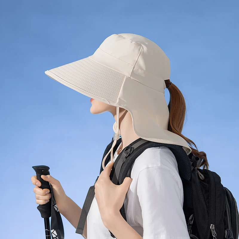 Women Snap Fastener Big Brim Hat Protection Visors Bucket Hat Sunscreen Fisherman Hats Outdoors Fishing Cap Ponytail Sun Hat 2