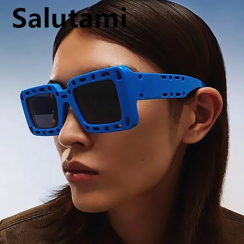 

Unique Hole Hollow Frame Square Sunglasses For Women New Luxury Brand Blue White Gradient Sun Glasses Men Hip Hop Shades Gafas