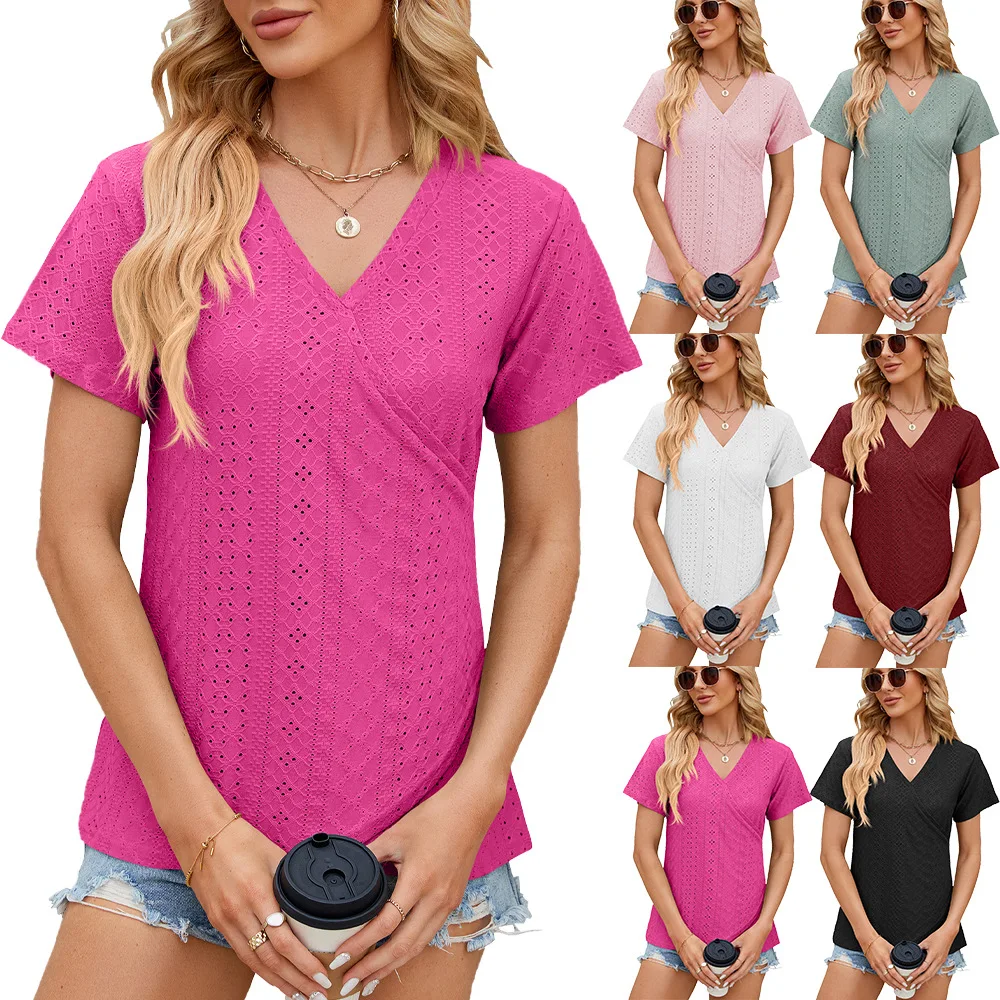 

Temperament Women's Solid Color Cross V-neck Loose Short Sleeved T-shirt Top