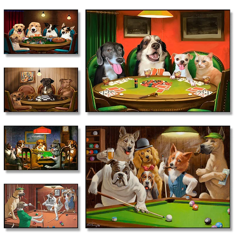 Cane Che Gioca Billard Biliardo Lego Building Block Scacchi Poker Poster Wall Art Pictures Canvas Painting Room Game Hall Home Decor