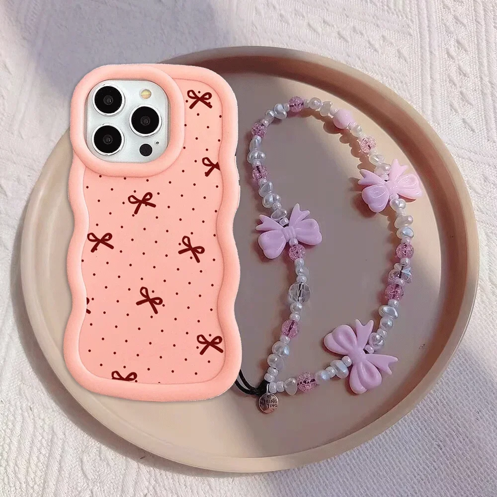 Chic Pink Bow Chain Silicone Phone Case with Bowknot Design