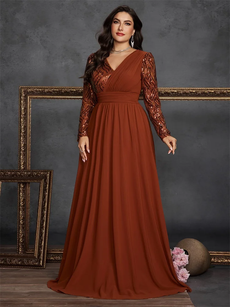 Lucyinlove Plus Größe Luxus Chiffon Spleißen Langarm Abendkleider Frauen Pailletten Hochzeit Party Cocktail Bodenlangen Kleider – Detail 2