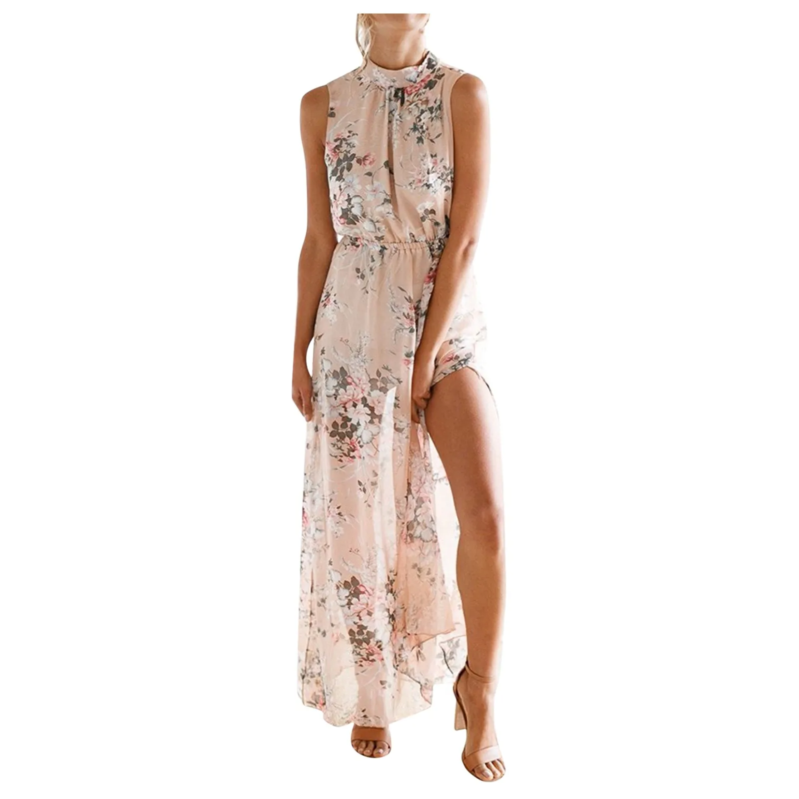 여성용 시폰 홀터넥 원피스, 우아한 꽃 프린트, 민소매, 백리스, 캐주얼, 보호 해변, 롱 스플릿, 맥시 원피스, 여름