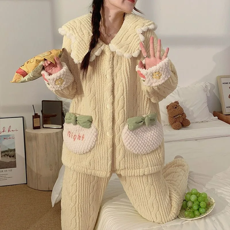Panda Nightclothes Suit Women Autumn Winter Coral Fleece Thermal Pajamas Female Flannel Fleece-Lined Thickened Cartoon Homewear