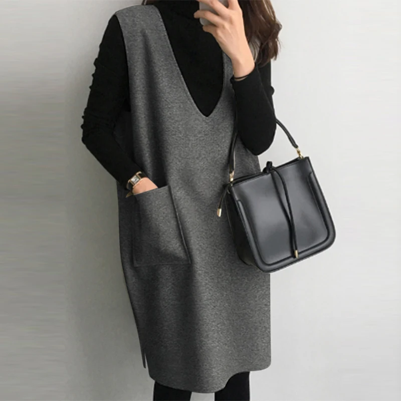 ZANZEA Winter Solide Kleid Vintage Frauen Cord Kleid Casual Lose Ärmellose Schürze Kleid Urlaub Ärmellose Oversize Robe – Detail 10
