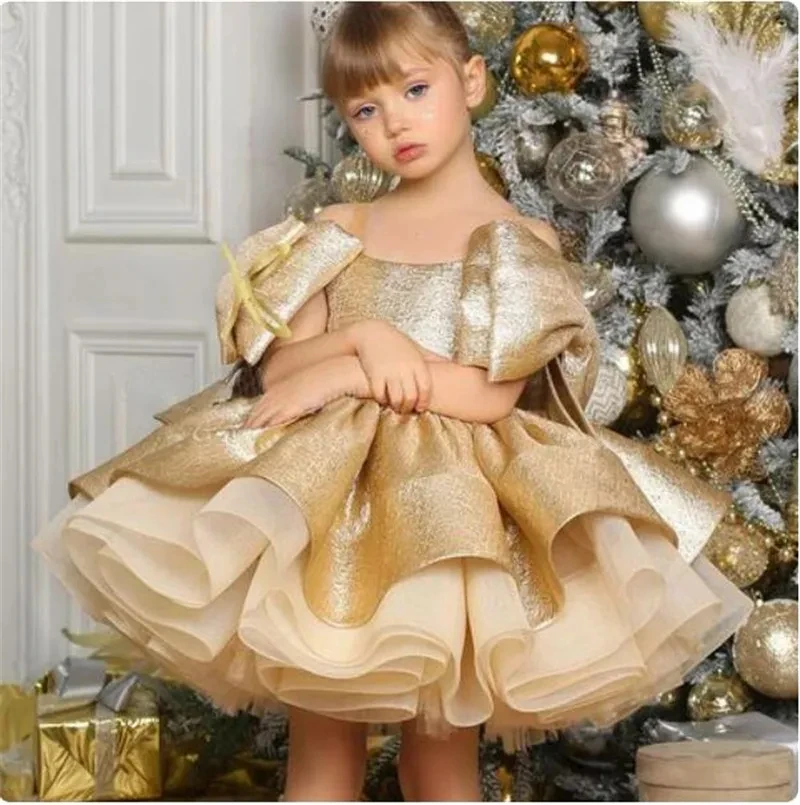 Flower Girl Dresses Puffy Satin Knee Length Glitter Wedding Party Bow Toddler Baby Birthday Pageant Ballet Tutu