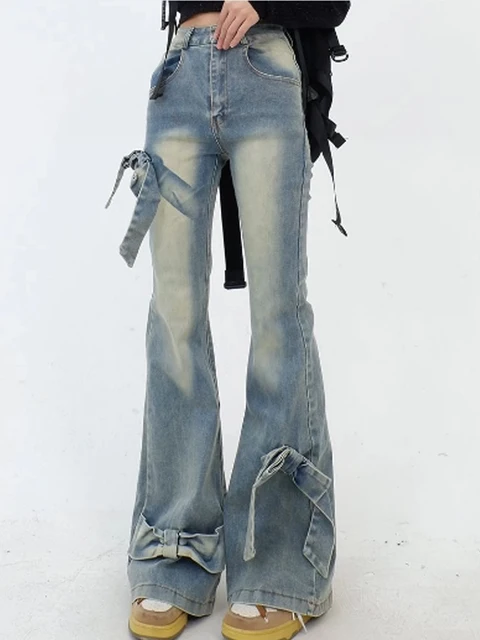 Women's Blue Bow Flare Jeans Harajuku 90s Aesthetic Women's Blue Bow Flare Jeans Harajuku 90s Aesthetic
