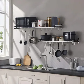 Wall Mounted Pots and Pans Rack with 16 Hooks, Stainless Steel Wall Shelf for Kitchen Bathroom Bedroom Pantry (36" by 12")