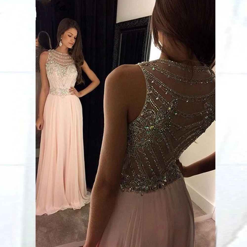 

Luxury Beading Crystals Long Evening Dresses Formal Cinderella Prom Party Dress Soiree Robe See-Thourgh Floor-Length Side Zipper