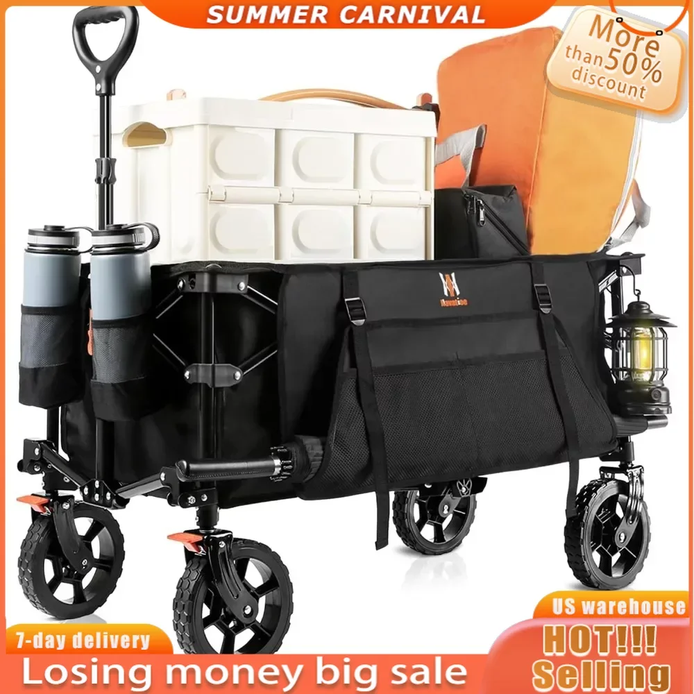 

Utility Beach Wagon Cart Heavy Duty Camping Trolley Cart With Side Pocket and Brakes Collapsible Folding Wagon Garden Carts