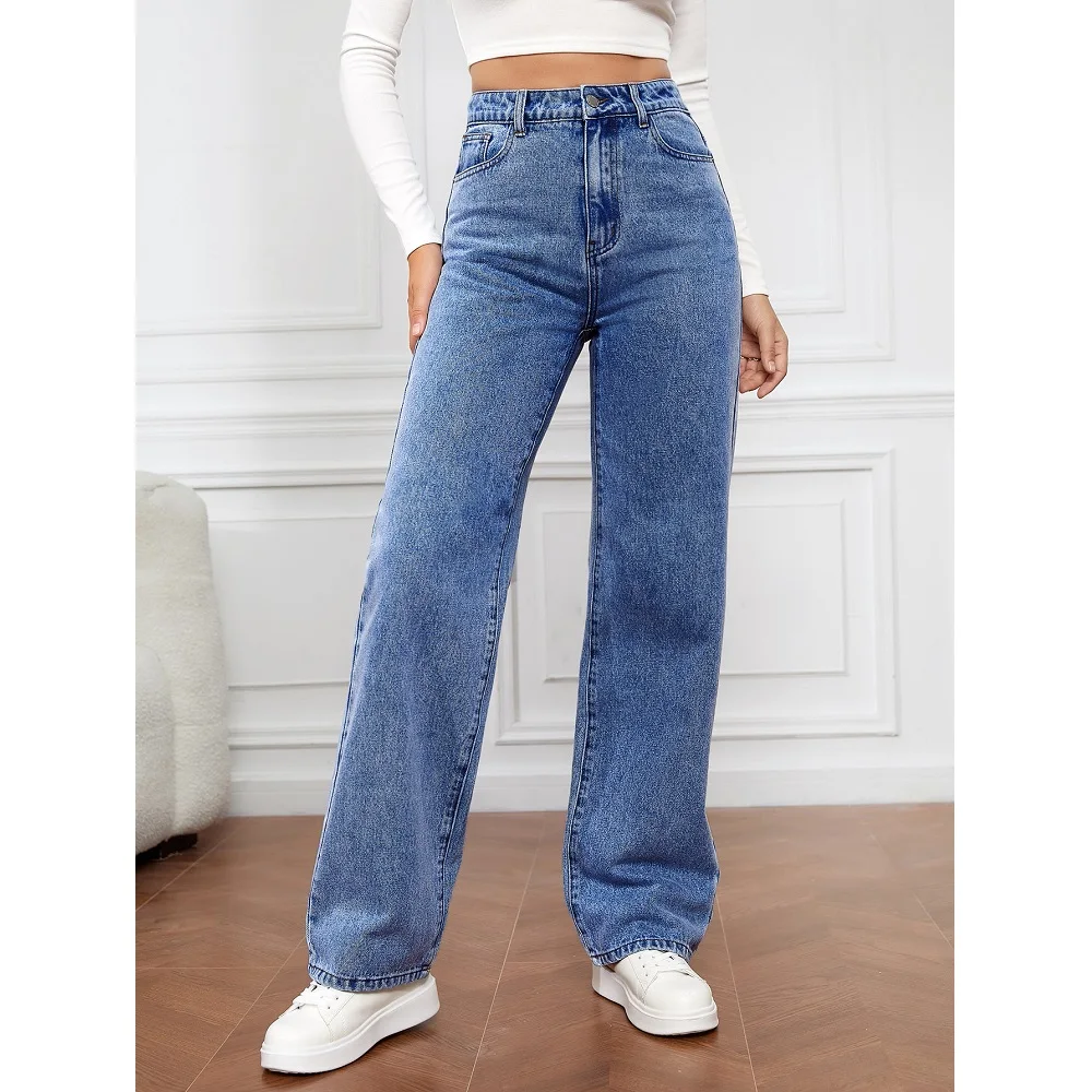 Women Denim Jeans Solid Stretch Straight Pants Ladies Casual Long Jean Trousers
