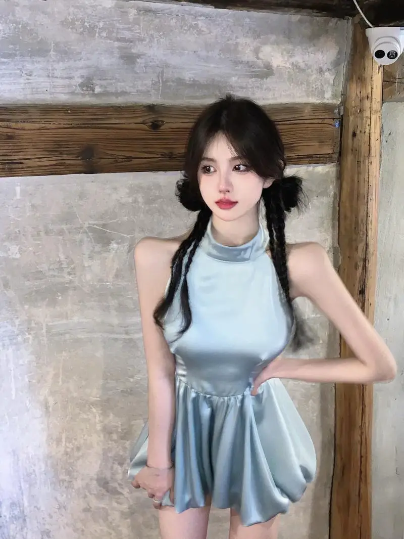 Jumpsuits Backless Bow Blue Women Sleeveless Playsuit Sexy High Waist Wide Leg Solid Rompers Ladies Sexy Fashion