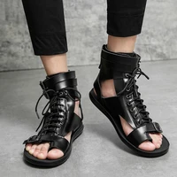 Sandales gladiateur en cuir pour hommes, chaussures romaines en liège, tongs de plage, bottes de rinçage, noir et blanc, marque de créateur, marche, été 3
