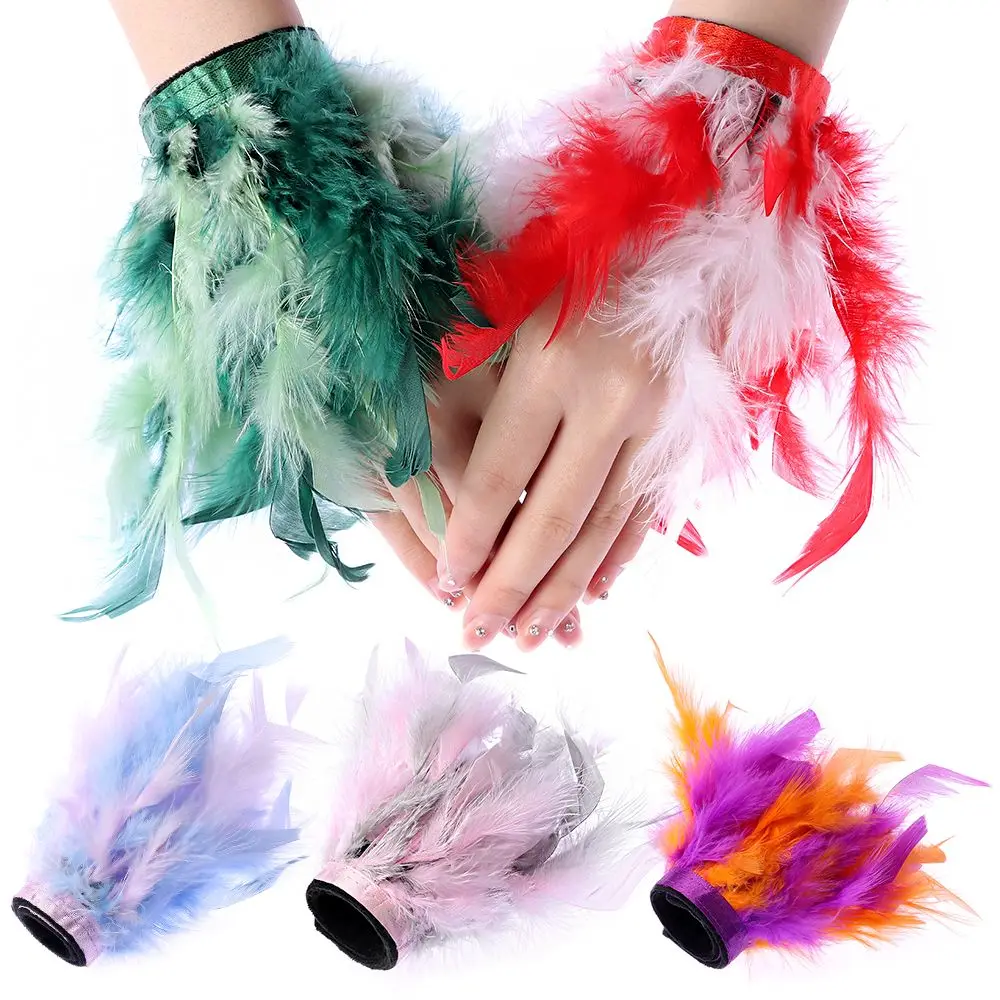 Natural Fluffy Fur Feather Cuffs Women Sexy Snap On Bracelet Satin Wristband Arm Cuff Sleeves Anklet Decoration Hair Accessories