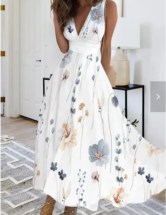 Vestido largo informal de verano con escote en V, sin mangas, ajustado, sexy, estampado blanco, floral, elegante, para fiestas y vacaciones