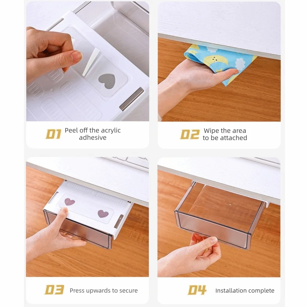 Cassetto Trasparente Sotto Scrivania, Ampio Vano Portaoggetti Estraibile, Organizzatore Salvaspazio Autoadesivo per Forniture da Ufficio - immagine 6