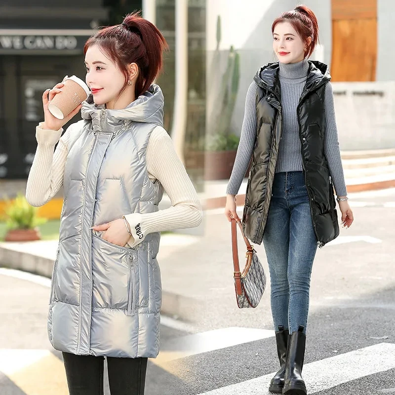 

Down Cotton Vest Jacket Women 2023 New Winter Warm Glossy Korean Sleeveless Parka Female Hooded Large Size Long Waistcoat Coat