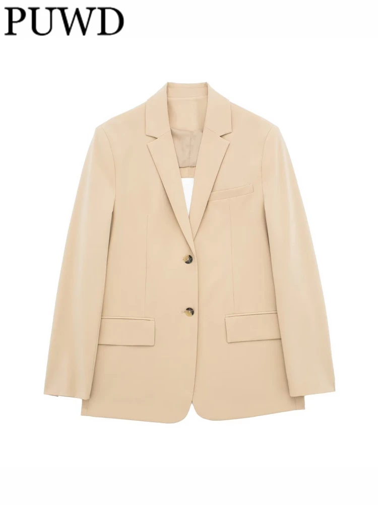 

PUWD Women Single-breasted Unisex Backless Blazer Coat 2023 Spring Vintage Solid Color Long Sleeves Female Chic Outwear