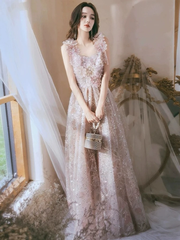 Luxury Flower Bridesmaid Dresses Pink Spaghetti Strap Square