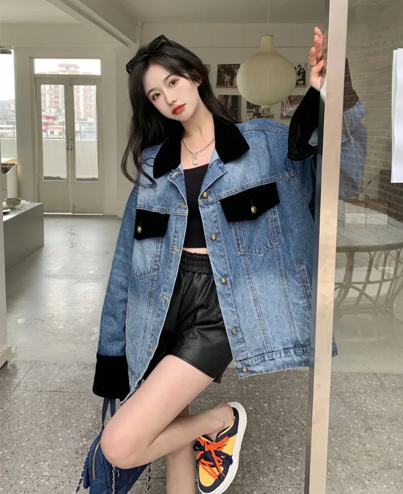 Denim Jacket Women Autumn and Winter Contrasting Lapel Patchwork Jacket Long Sleeved Top