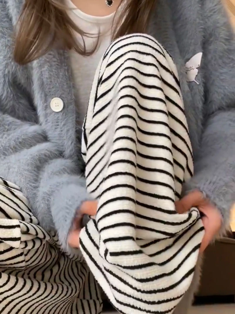 Retro High Waist Striped Straight Leg Rice Noodle Pants Women's Autumn Winter Loose Concealing Slimming Drapey Wide Leg Casua...