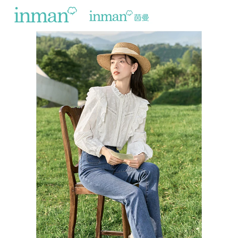 INMAN Women Blouse 2023 Autumn Long Sleeve O Neck Loose Shirt Exquisite Hollowed Out Embroidery 100% Cotton Elegant Tops