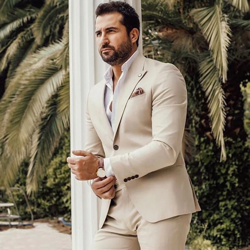 

Beige Slim Fit Men Suits for Wedding Peaked Lapel 2 Piece Groom Tuxedo Jacket with Pants Business Male Fashion Costume