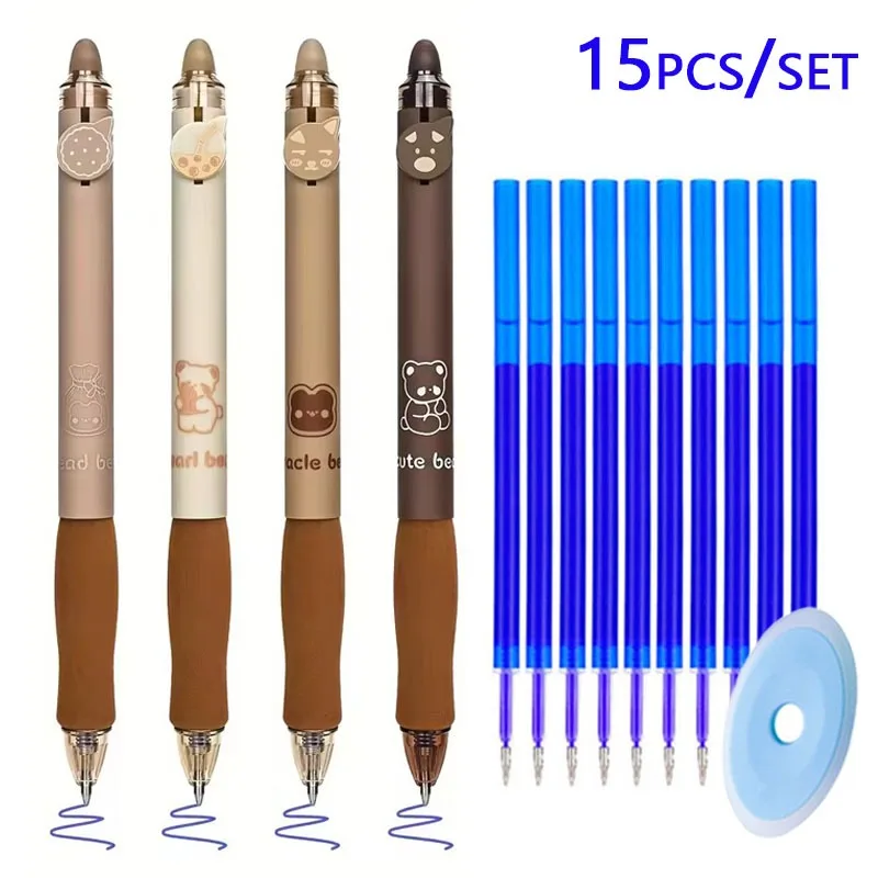 15pcs/set Cute Bear Erasable Pens, Kawaii Pens, 0.5mm Black/Blue Ink Erasable Pens, Student School Office Stationery Supplies