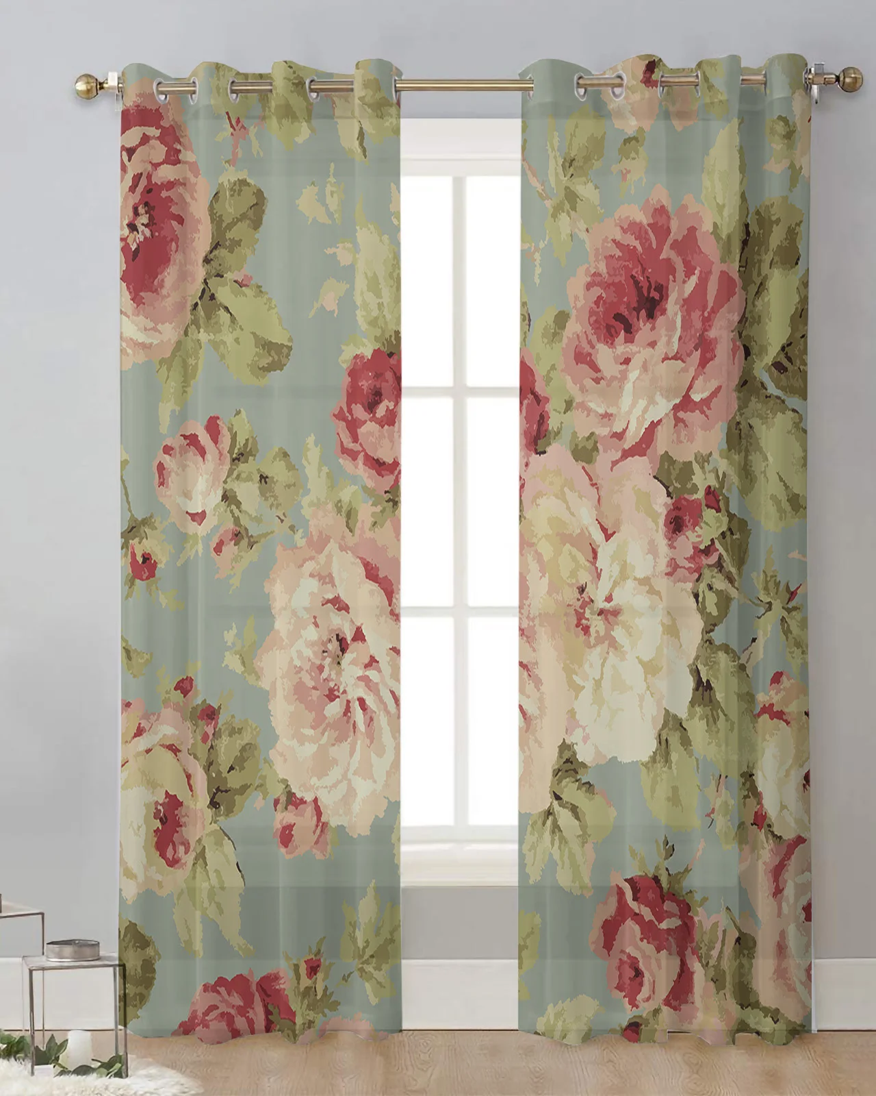 

Peony Flower Vintage Tulle Drapes for Living Room Bedroom Sheer Window Curtains Kitchen Balcony Modern Voile Curtains