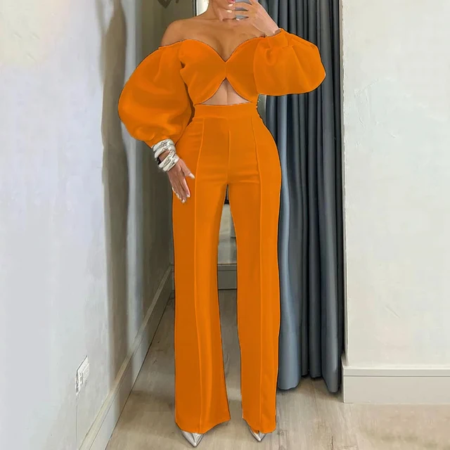 Wefads-Conjunto de dos piezas con hombros descubiertos para mujer, Top corto con espalda descubierta, pantalones ajustados sueltos, color liso, moda de verano