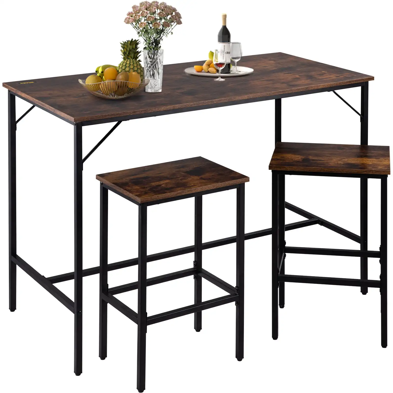 

Bar Table Set, 47" with Chairs, Pub Stools, Steel Frame, 3 Piece Saving Space for Home, Kitchen, Living Room, Rustic Brown