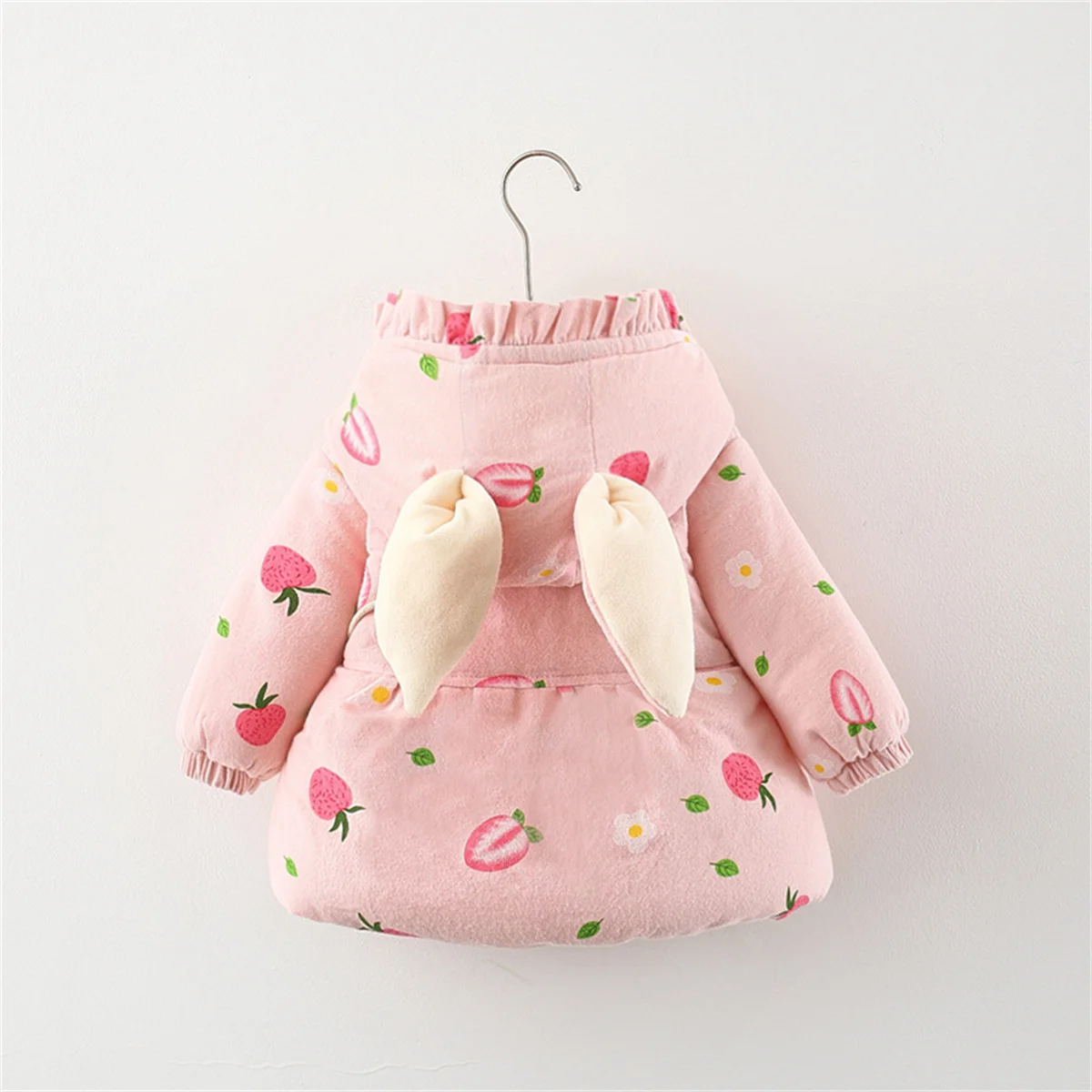 2 Pieces Set Winter Girls Jackets Bags Cartoon Strawberry Prints Single Breasted Rabbit Ears Hooded Cotton Clothes