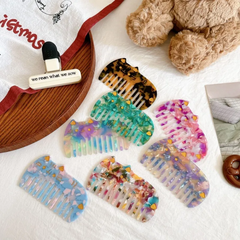 مشط كوري ذو أسنان واسعة للنساء بتصميم كلاسيكي لطيف على شكل قطة للسفر محمول بطبعة الفهد ومضاد للكهرباء الساكنة للأطفال